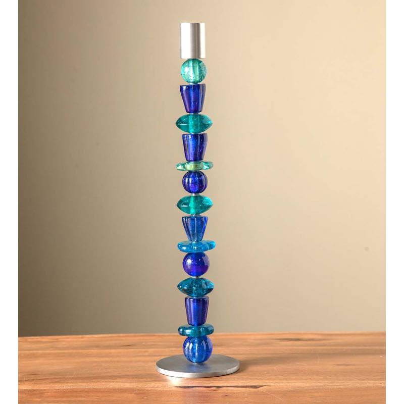 Recycled Glass Beaded Candlestick - Blue